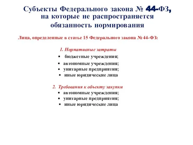 Лица, определенные в статье 15 Федерального закона № 44-ФЗ: 1. Нормативные