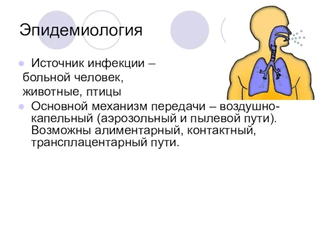 Эпидемиология Источник инфекции – больной человек, животные, птицы Основной механизм передачи