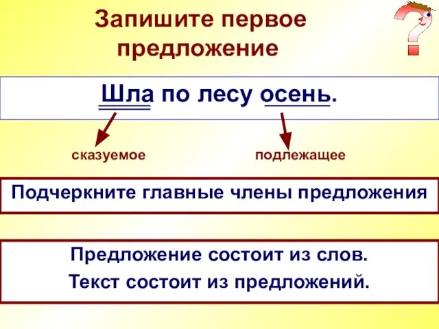 Запишите первое предложение Шла по лесу осень. Подчеркните главные члены предложения