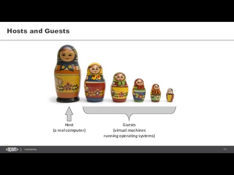 Hosts and Guests Host (a real computer) Guests (virtual machines running operating systems)