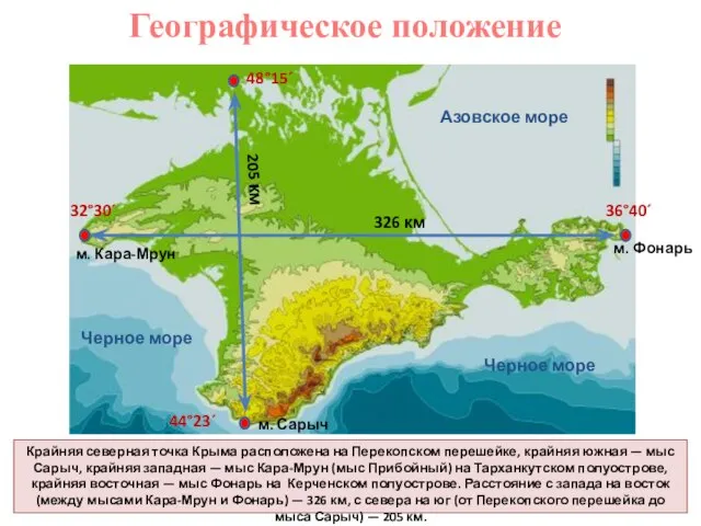 Крайняя северная точка Крыма расположена на Перекопском перешейке, крайняя южная —