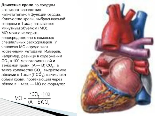 Движение крови по сосудам возникает вследствие нагнетательной функции сердца. Количество крови,