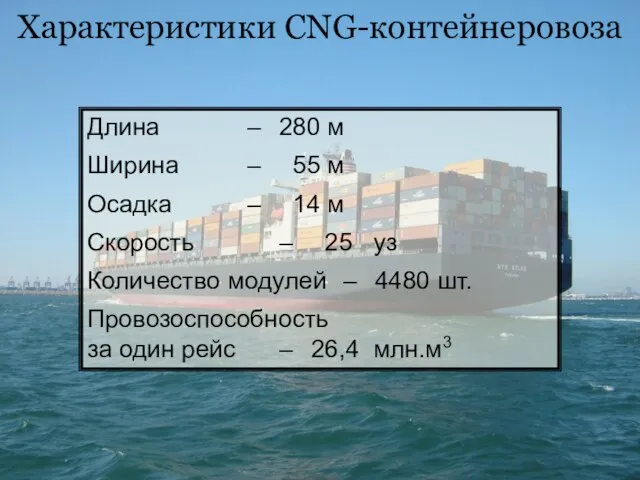 Характеристики CNG-контейнеровоза Длина – 280 м Ширина – 55 м Осадка