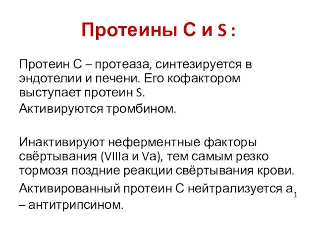 Протеины С и S : Протеин С – протеаза, синтезируется в