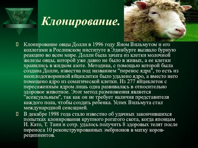 Клонирование. Клонирование овцы Долли в 1996 году Яном Вильмутом и его