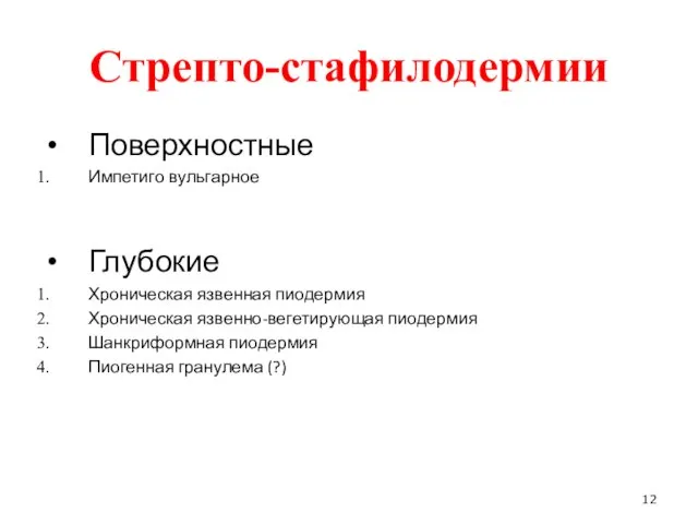 Стрепто-стафилодермии Поверхностные Импетиго вульгарное Глубокие Хроническая язвенная пиодермия Хроническая язвенно-вегетирующая пиодермия Шанкриформная пиодермия Пиогенная гранулема (?)