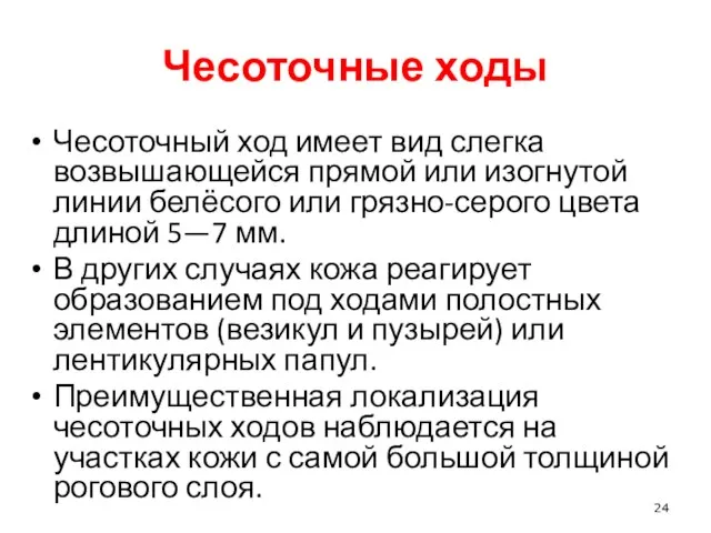 Чесоточные ходы Чесоточный ход имеет вид слегка возвышающейся прямой или изогнутой