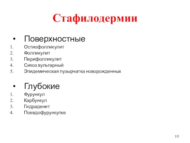 Стафилодермии Поверхностные Остиофолликулит Фолликулит Перифолликулит Сикоз вульгарный Эпидемическая пузырчатка новорожденных Глубокие Фурункул Карбункул Гидраденит Псевдофурункулез