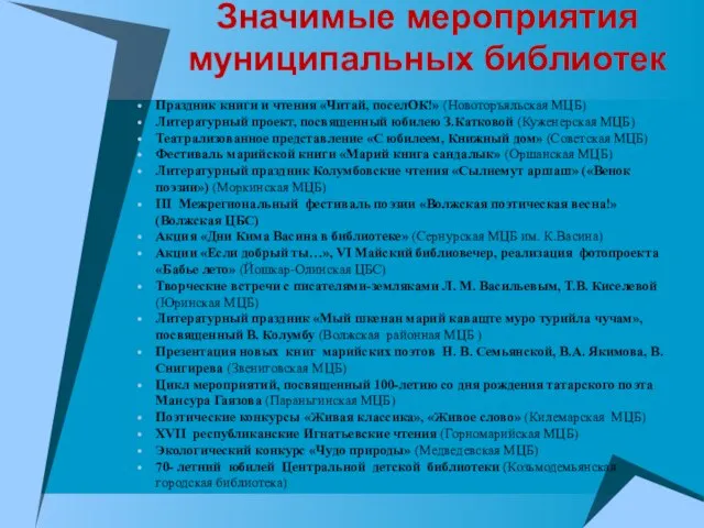 Значимые мероприятия муниципальных библиотек Праздник книги и чтения «Читай, поселОК!» (Новоторъяльская