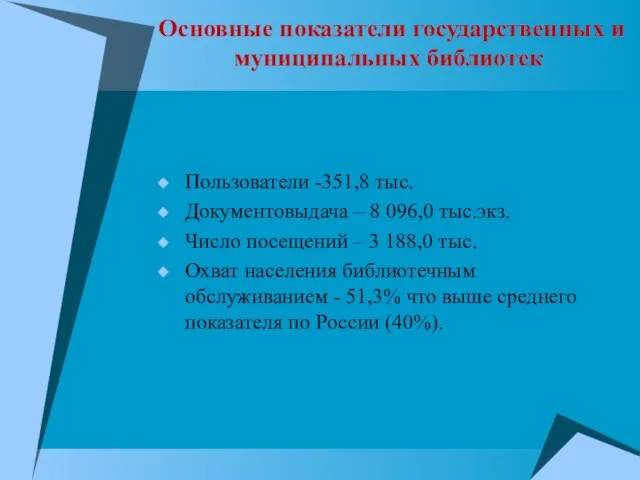 Основные показатели государственных и муниципальных библиотек Пользователи -351,8 тыс. Документовыдача –