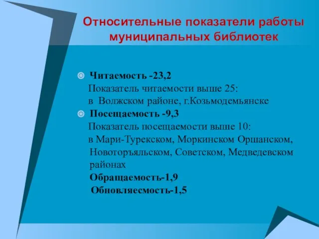 Относительные показатели работы муниципальных библиотек Читаемость -23,2 Показатель читаемости выше 25: