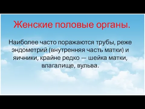 Женские половые органы. Наиболее часто поражаются трубы, реже эндометрий (внутренняя часть