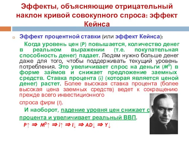 Эффекты, объясняющие отрицательный наклон кривой совокупного спроса: эффект Кейнса Эффект процентной