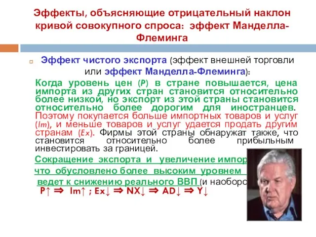 Эффекты, объясняющие отрицательный наклон кривой совокупного спроса: эффект Манделла-Флеминга Эффект чистого