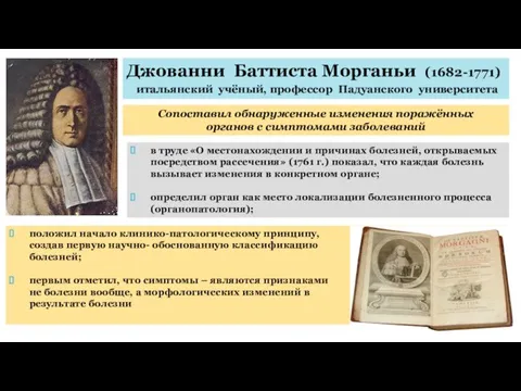 Джованни Баттиста Морганьи (1682-1771) итальянский учёный, профессор Падуанского университета Сопоставил обнаруженные