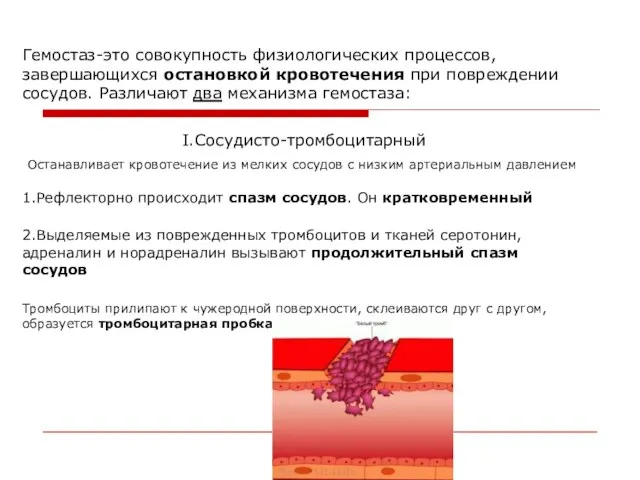 Гемостаз-это совокупность физиологических процессов, завершающихся остановкой кровотечения при повреждении сосудов. Различают