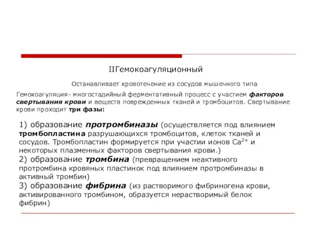 IIГемокоагуляционный Останавливает кровотечение из сосудов мышечного типа Гемокоагуляция- многостадийный ферментативный процесс