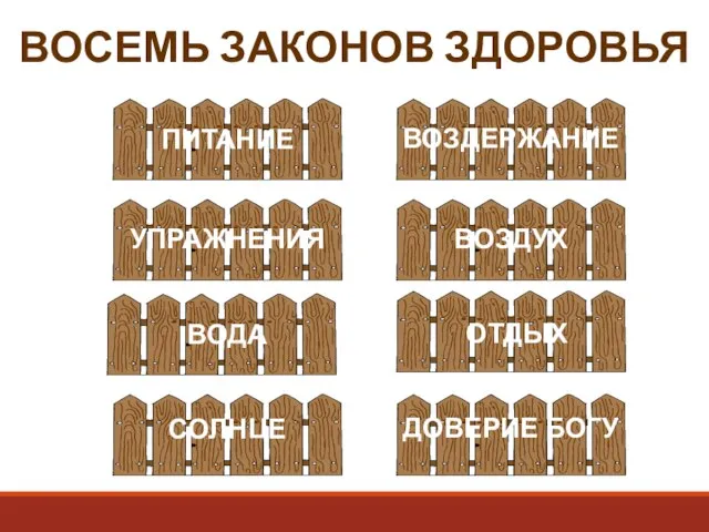 ВОСЕМЬ ЗАКОНОВ ЗДОРОВЬЯ ПИТАНИЕ УПРАЖНЕНИЯ ВОДА СОЛНЦЕ ВОЗДЕРЖАНИЕ ВОЗДУХ ОТДЫХ ДОВЕРИЕ БОГУ