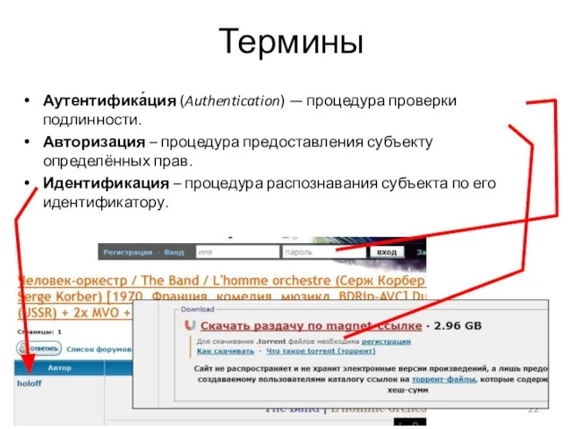 Термины Аутентифика́ция (Authentication) — процедура проверки подлинности. Авторизация – процедура предоставления