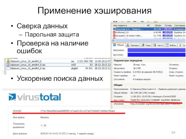 Применение хэширования Сверка данных Парольная защита Проверка на наличие ошибок Ускорение поиска данных