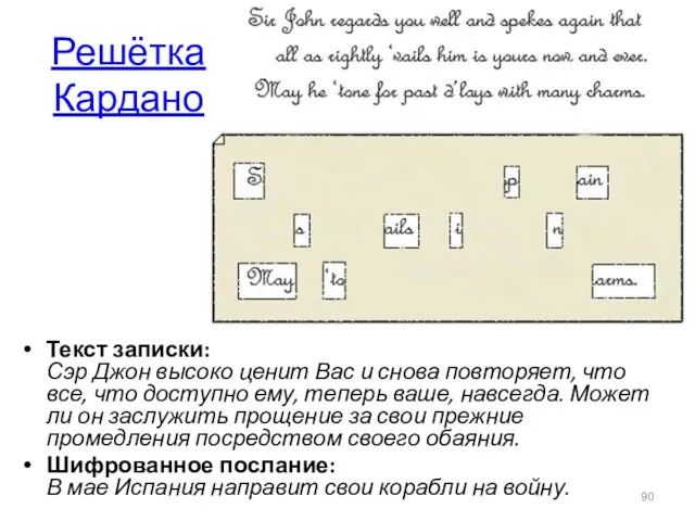 Решётка Кардано Текст записки: Сэр Джон высоко ценит Вас и снова