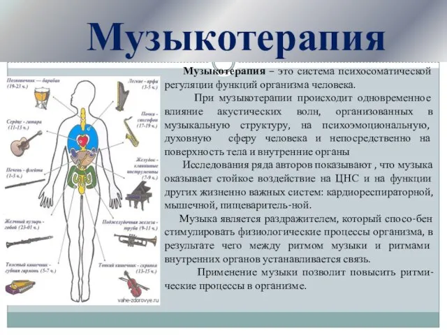 Музыкотерапия Музыкотерапия – это система психосоматической регуляции функций организма человека. При