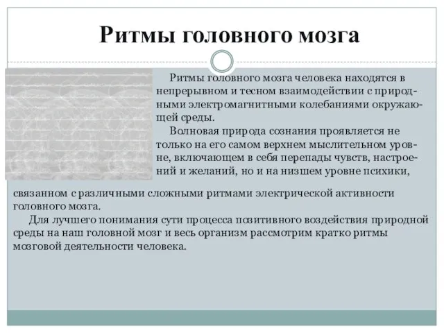 Ритмы головного мозга Ритмы головного мозга человека находятся в непрерывном и