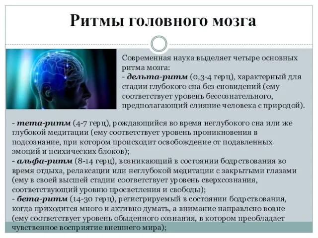 Ритмы головного мозга Современная наука выделяет четыре основных ритма мозга: -