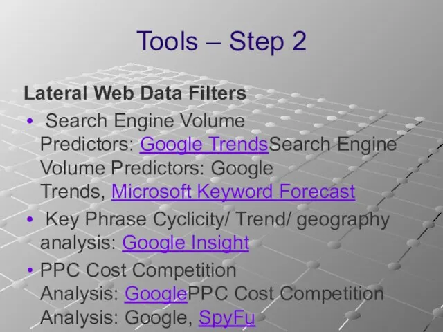 Tools – Step 2 Lateral Web Data Filters Search Engine Volume