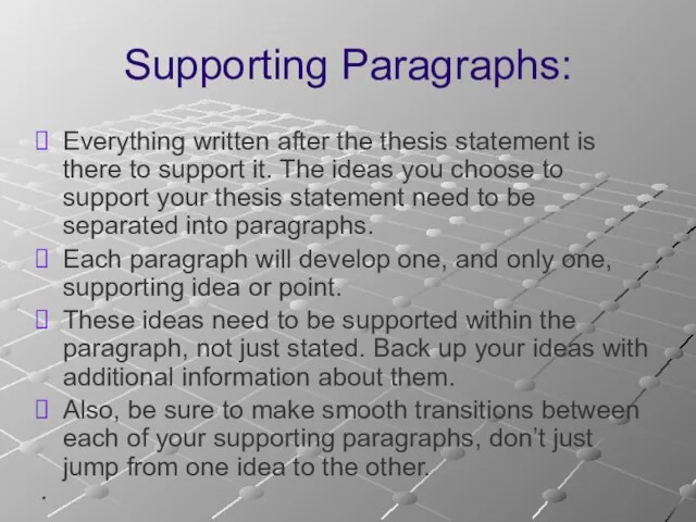 * Supporting Paragraphs: Everything written after the thesis statement is there