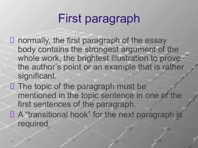* First paragraph normally, the first paragraph of the essay body