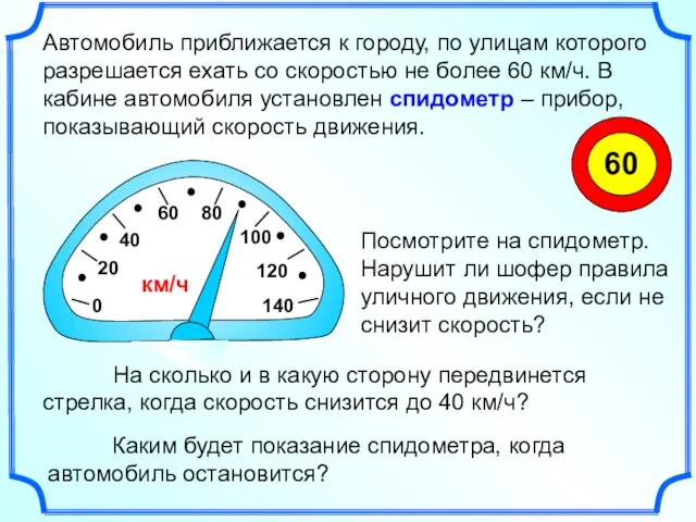 0 20 40 60 80 100 Автомобиль приближается к городу, по