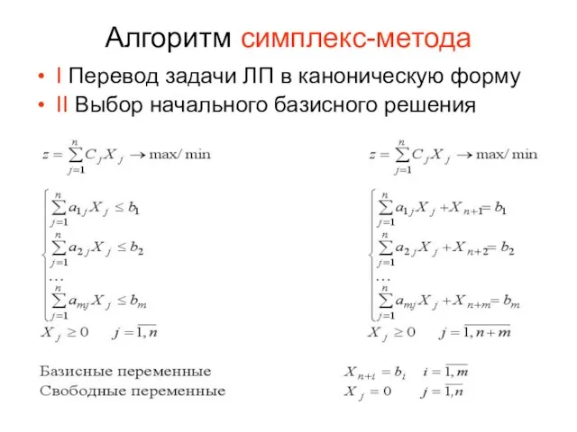 Алгоритм симплекс-метода I Перевод задачи ЛП в каноническую форму II Выбор начального базисного решения