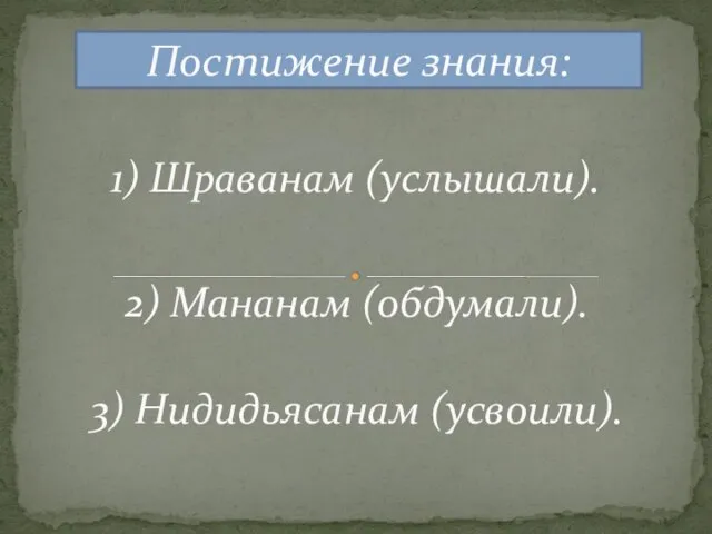 1) Шраванам (услышали). Постижение знания: 2) Мананам (обдумали). 3) Нидидьясанам (усвоили).