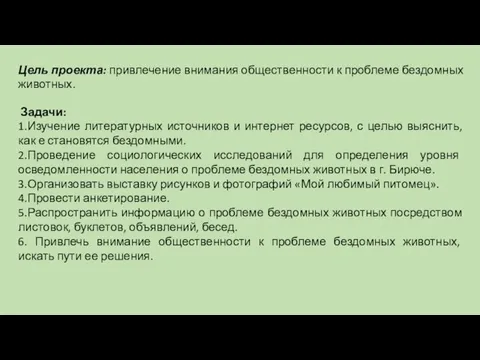 Цель проекта: привлечение внимания общественности к проблеме бездомных животных. Задачи: 1.Изучение