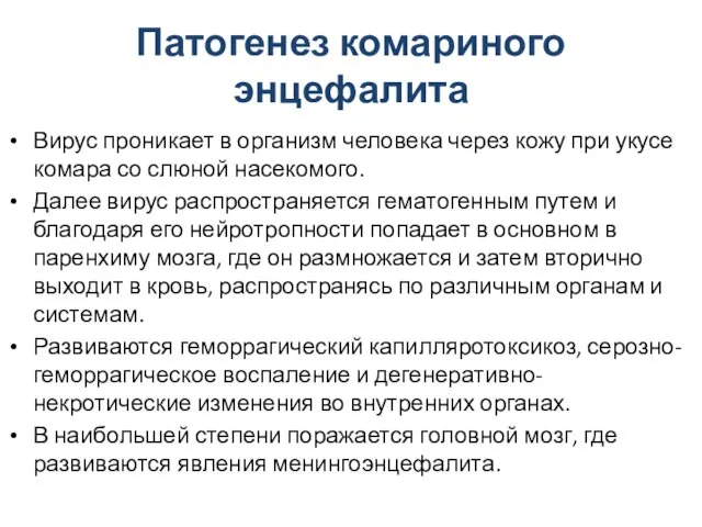 Патогенез комариного энцефалита Вирус проникает в организм человека через кожу при