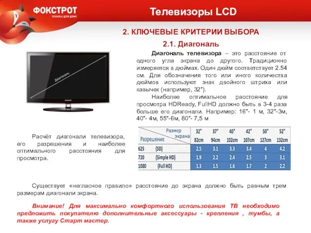 Телевизоры LCD 2. КЛЮЧЕВЫЕ КРИТЕРИИ ВЫБОРА 2.1. Диагональ Диагональ телевизора –