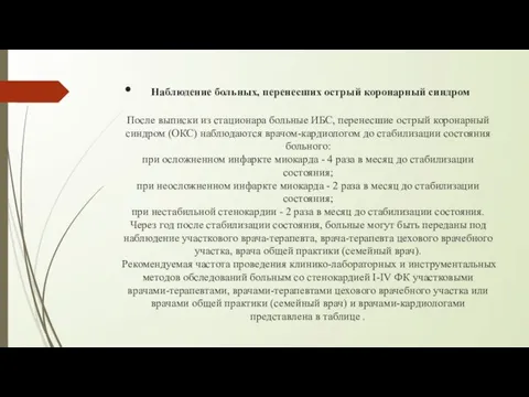 Наблюдение больных, перенесших острый коронарный синдром После выписки из стационара больные