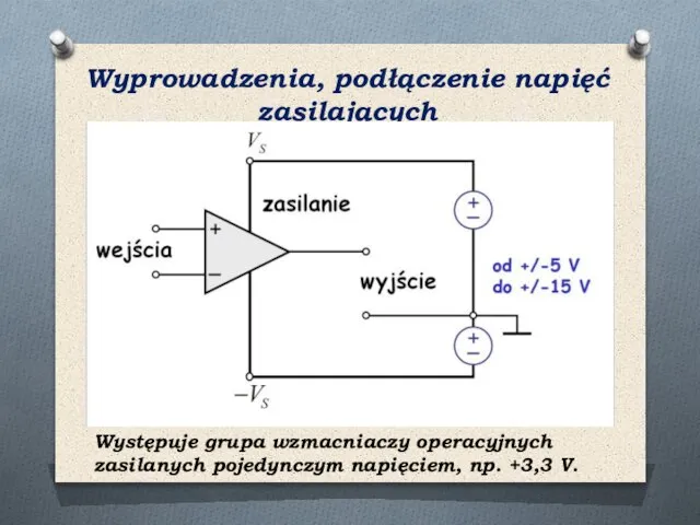 Wyprowadzenia, podłączenie napięć zasilających Występuje grupa wzmacniaczy operacyjnych zasilanych pojedynczym napięciem, np. +3,3 V.