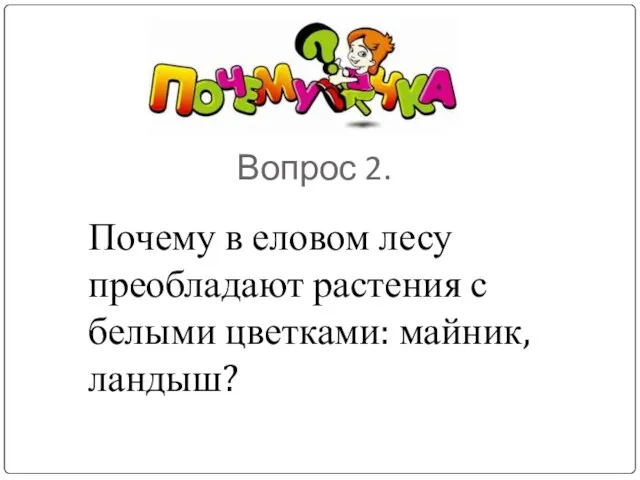 Вопрос 2. Почему в еловом лесу преобладают растения с белыми цветками: майник, ландыш?