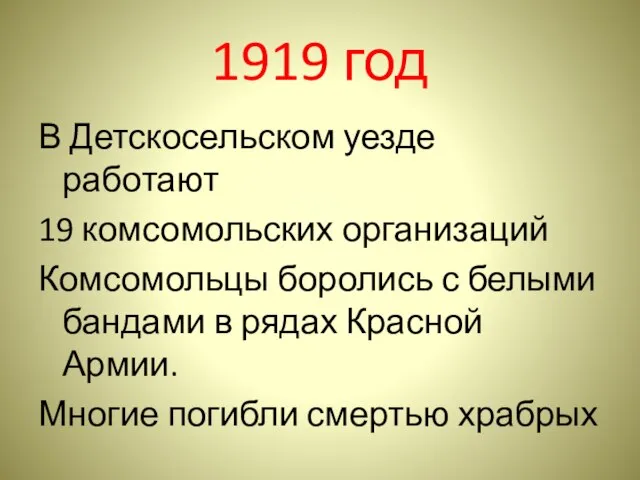 1919 год В Детскосельском уезде работают 19 комсомольских организаций Комсомольцы боролись