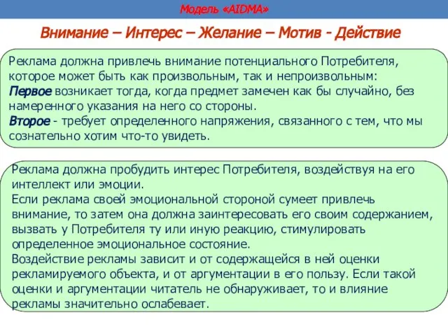 Модель «AIDMA» Внимание – Интерес – Желание – Мотив - Действие