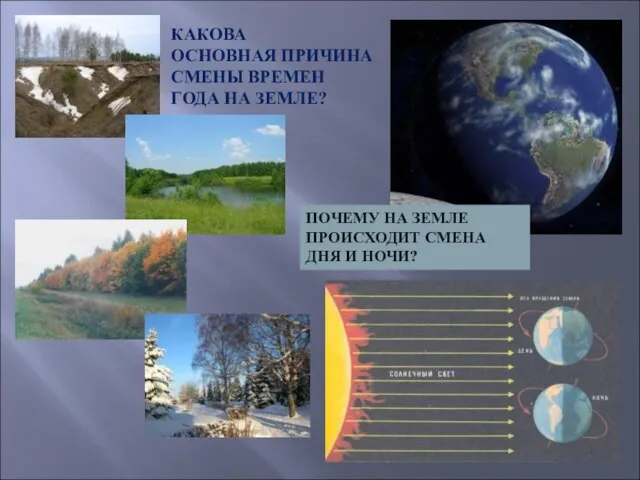 ПОЧЕМУ НА ЗЕМЛЕ ПРОИСХОДИТ СМЕНА ДНЯ И НОЧИ? КАКОВА ОСНОВНАЯ ПРИЧИНА СМЕНЫ ВРЕМЕН ГОДА НА ЗЕМЛЕ?