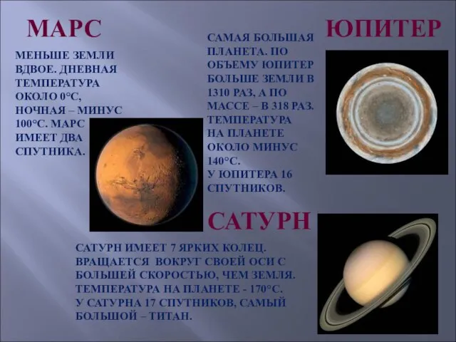 МАРС ЮПИТЕР МЕНЬШЕ ЗЕМЛИ ВДВОЕ. ДНЕВНАЯ ТЕМПЕРАТУРА ОКОЛО 0°С, НОЧНАЯ –