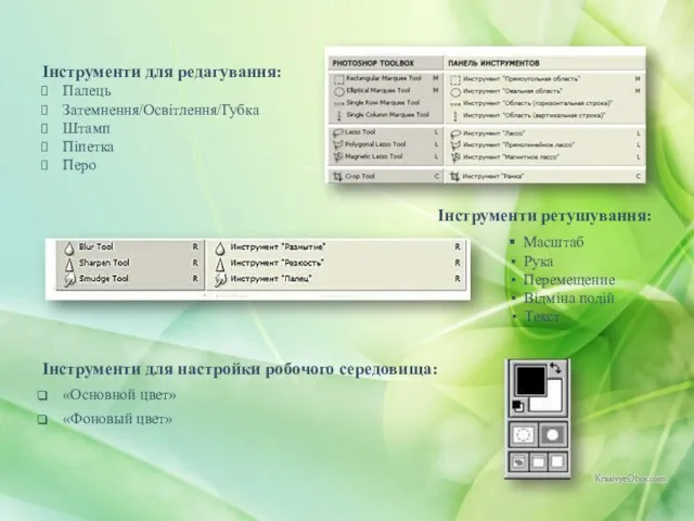 Інструменти для редагування: Палець Затемнення/Освітлення/Губка Штамп Піпетка Перо Інструменти ретушування: ▪