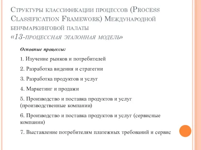 Структуры классификации процессов (Process Classification Framework) Международной бенчмаркинговой палаты «13-процессная эталонная