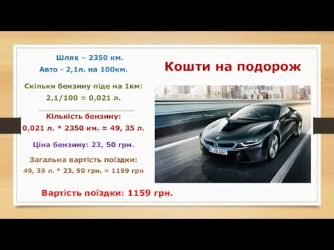 Кошти на подорож Шлях – 2350 км. Авто - 2,1л. на