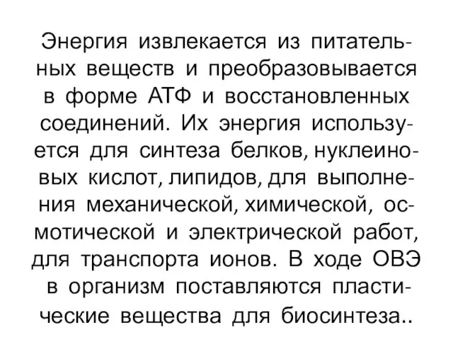 Энергия извлекается из питатель- ных веществ и преобразовывается в форме АТФ