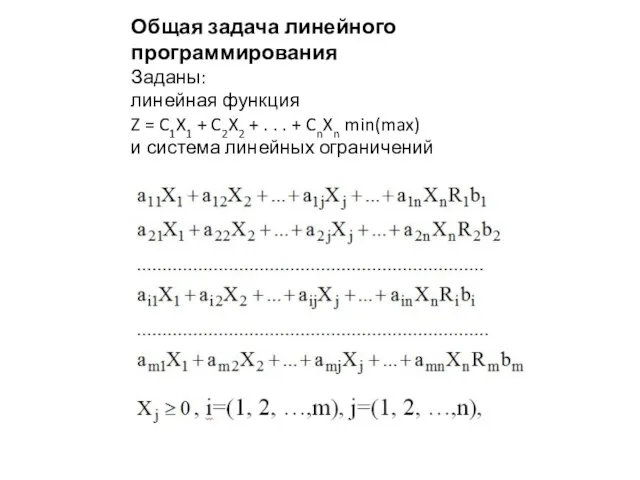 Общая задача линейного программирования Заданы: линейная функция Z = C1X1 +