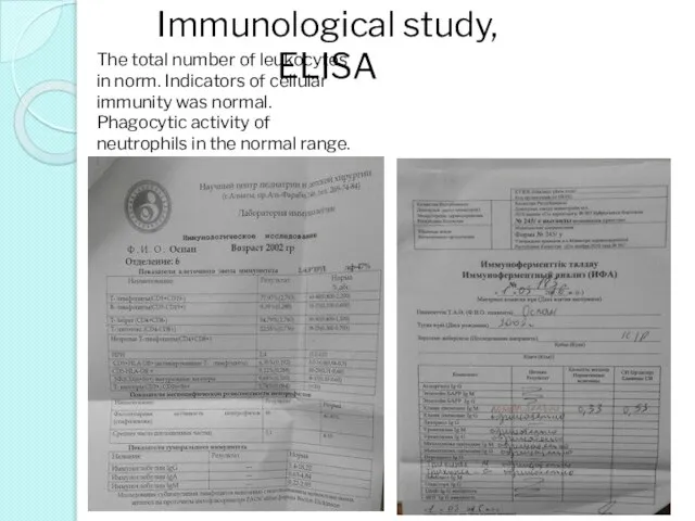 Immunological study, ELISA The total number of leukocytes in norm. Indicators